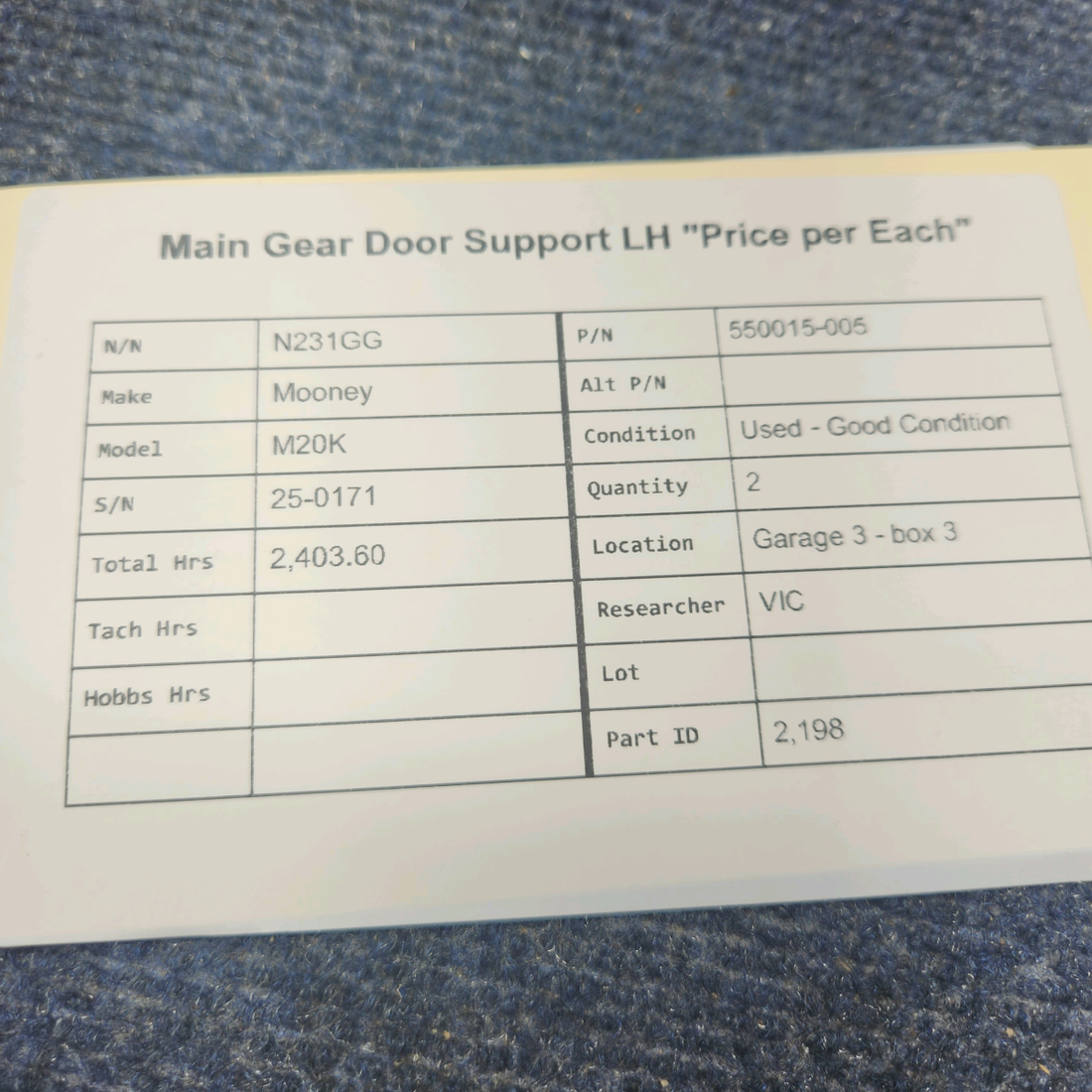 Used aircraft parts for sale, 550015-005 Mooney M20K MAIN GEAR DOOR SUPPORT LH "PRICE PER EACH"