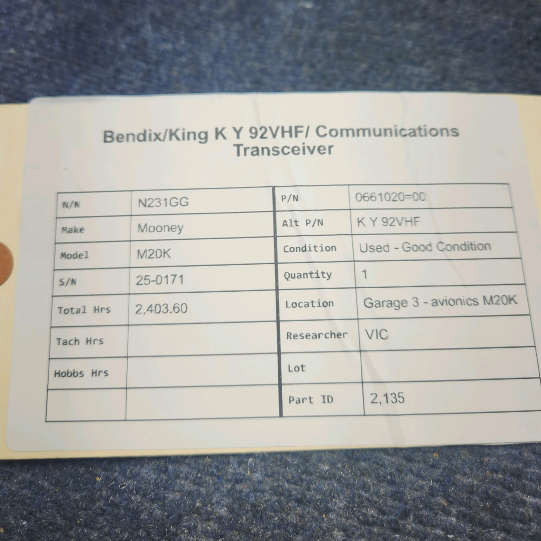 Used aircraft parts for sale, 0661020=00 Bendix King Mooney M20K K Y 92VHF COMMUNICATIONS TRANSCEIVER