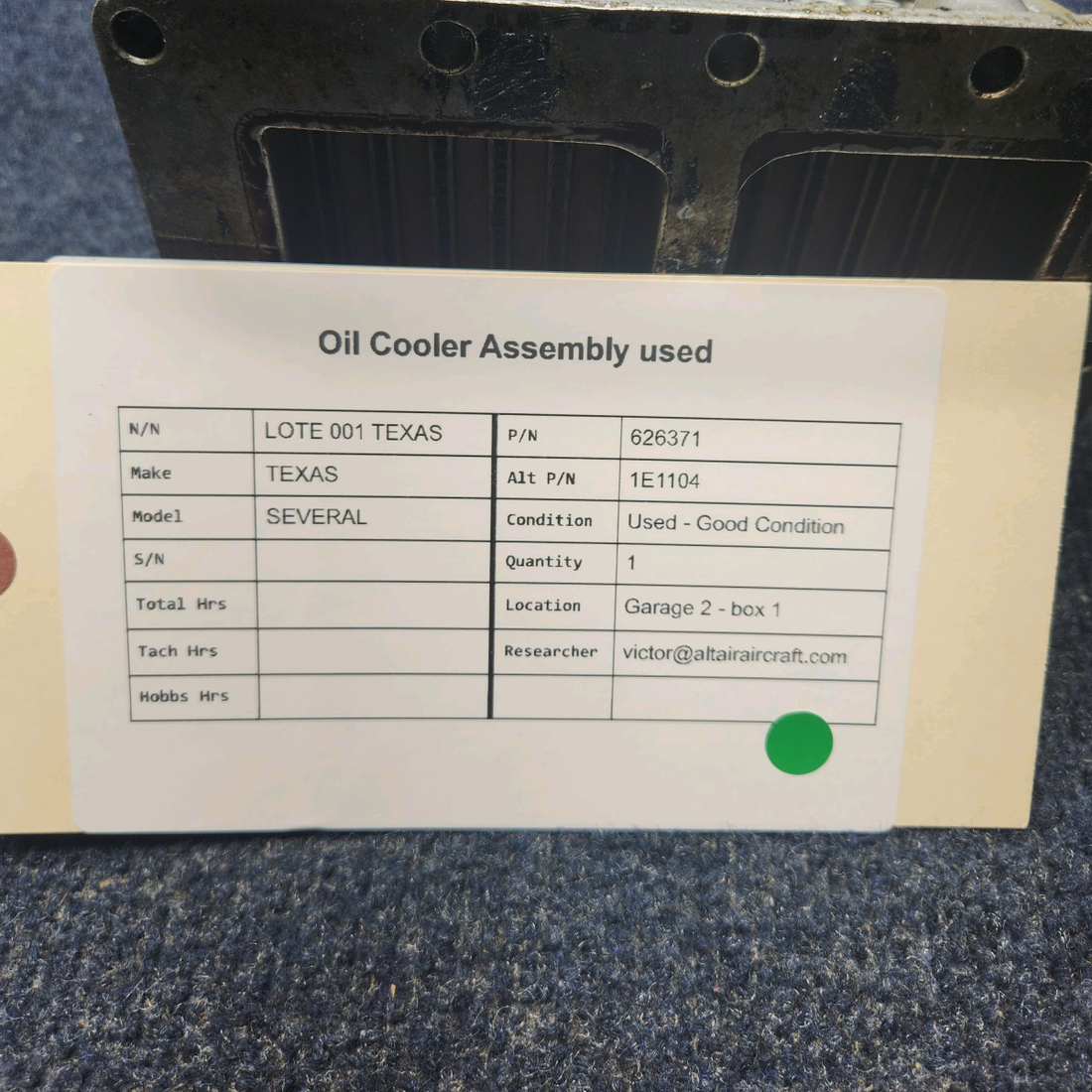 Used aircraft parts for sale, 626371 Continental TCM OIL COOLER ASSEMBLY USED