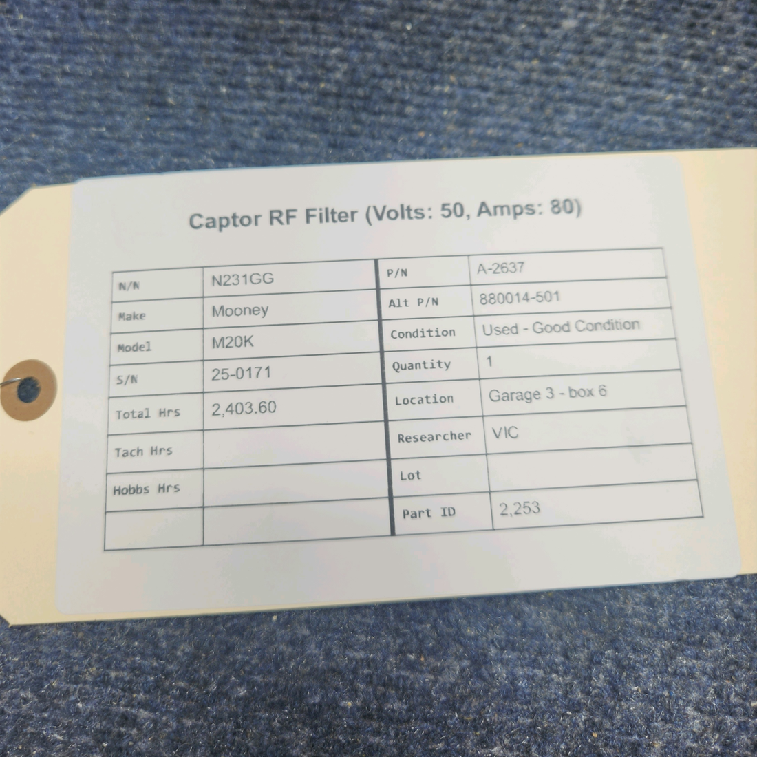 Used aircraft parts for sale, A-2637 Mooney M20K CAPTOR RF FILTER (VOLTS: 50, AMPS: 80)