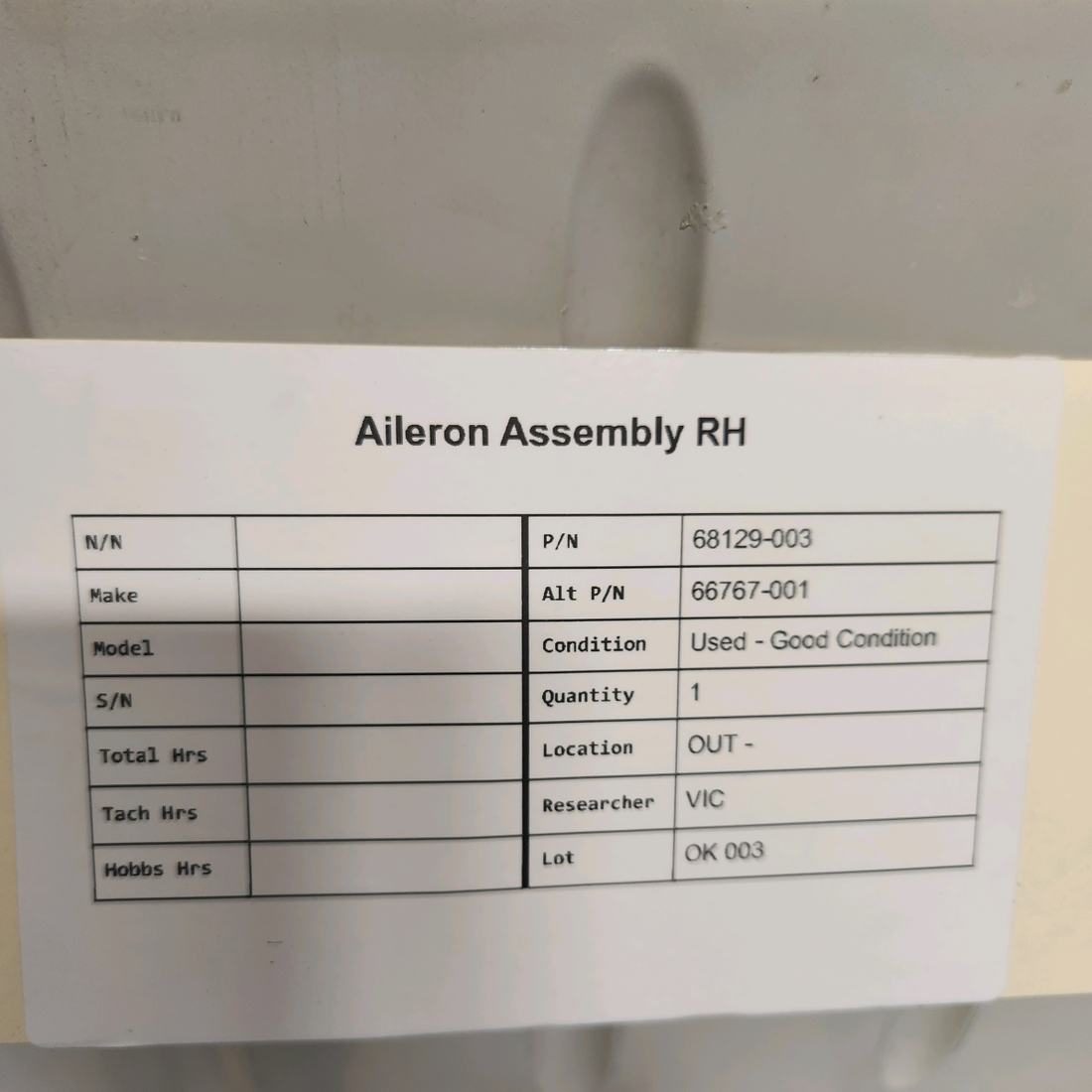 Used aircraft parts for sale, 68129-003 Piper AILERON ASSEMBLY RH