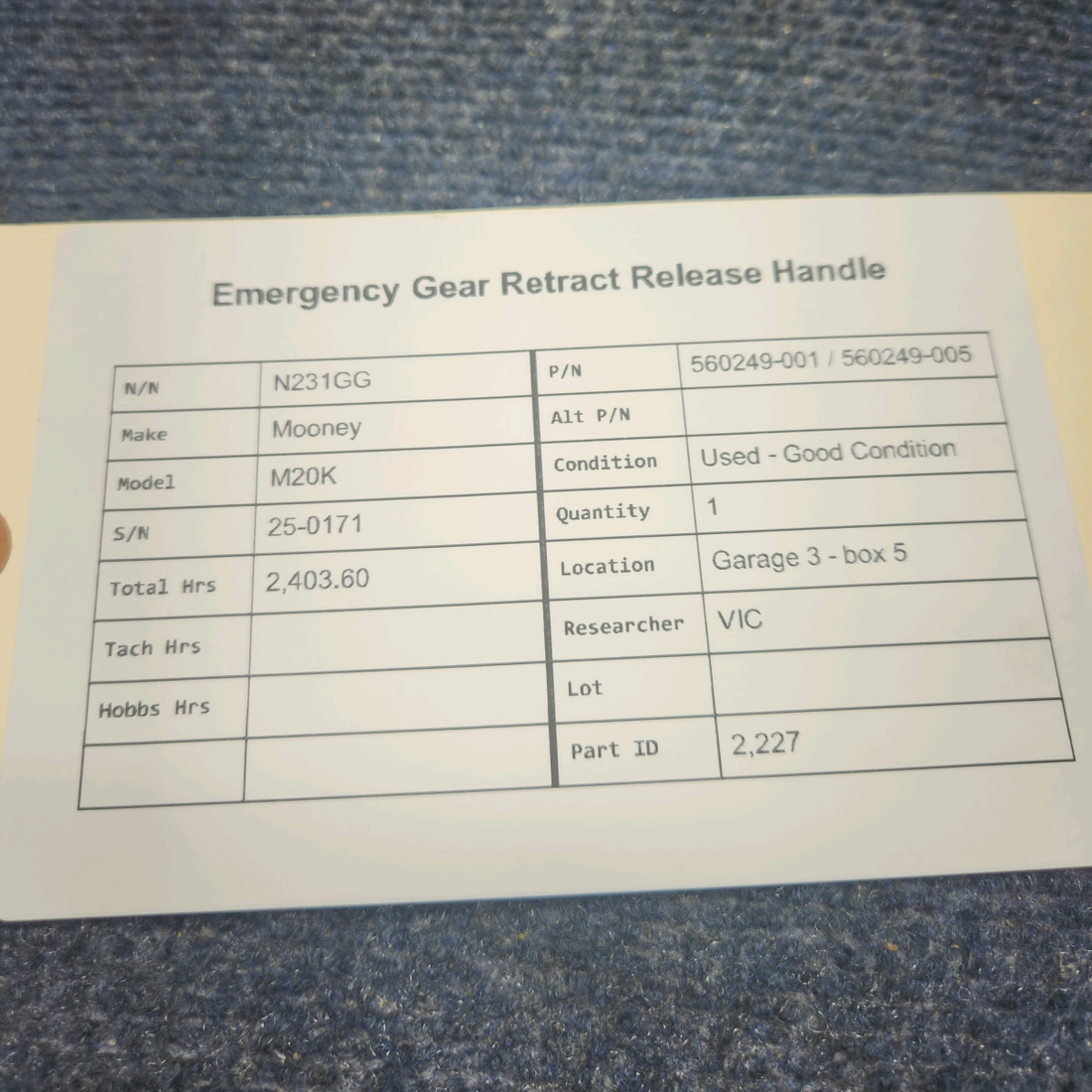 Used aircraft parts for sale, 560249-001 / 560249-005 Mooney M20K EMERGENCY GEAR RETRACT RELEASE HANDLE