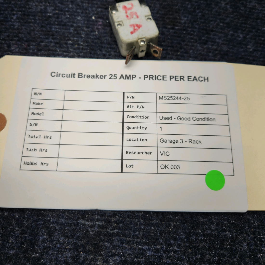 Used aircraft parts for sale, MS25244-25 Mechanical Products CIRCUIT BREAKER 25 AMP - PRICE PER EACH