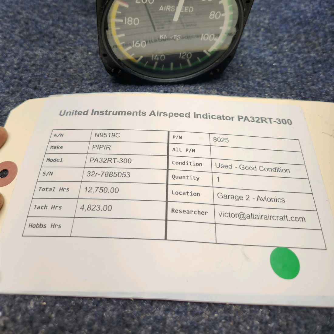 Used aircraft parts for sale, 8025 PIPIR PA32RT-300 UNITED INSTRUMENTS AIRSPEED INDICATOR PA32RT-300