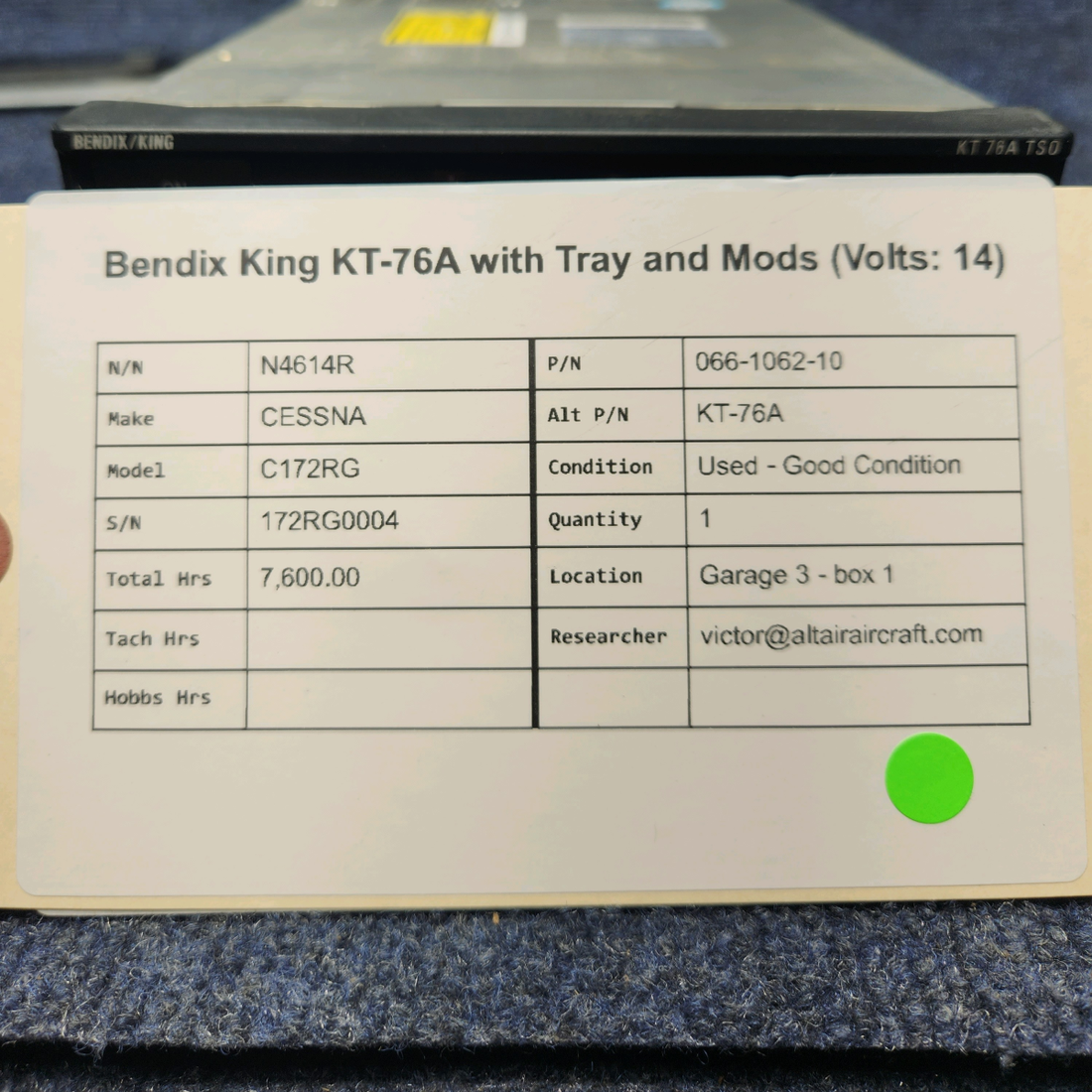 Used aircraft parts for sale, 066-1062-10 Bendix King CESSNA C172RG BENDIX KING KT-76A  WITH TRAY AND MODS VOLTS: 14