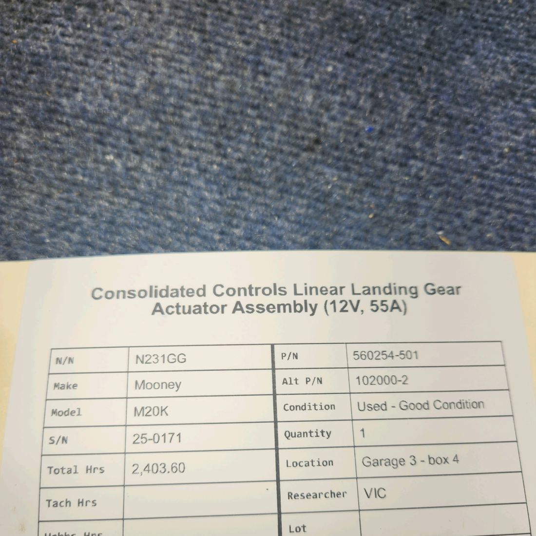 Used aircraft parts for sale, 560254-501 Mooney M20K CONSOLIDATED CONTROLS LINEAR LANDING GEAR ACTUATOR ASSEMBLY (12V, 55A)