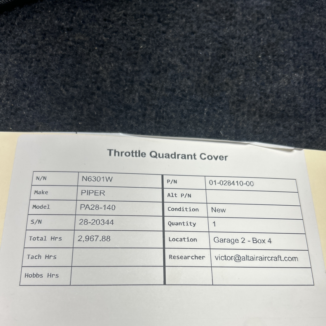 Used aircraft parts for sale, 01-028410-00 PIPER PA28-140 THROTTLE QUADRANT COVER