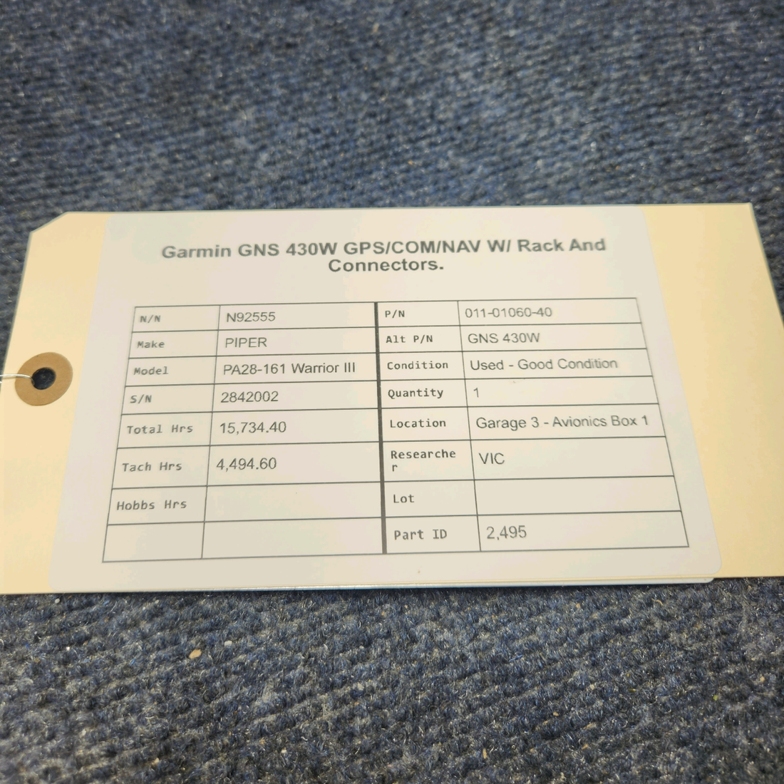 Used aircraft parts for sale, 011-01060-40 Garmin PIPER PA28-161 Warrior III GNS 430W GPS COM NAV  W RACK AND CONNECTORS.