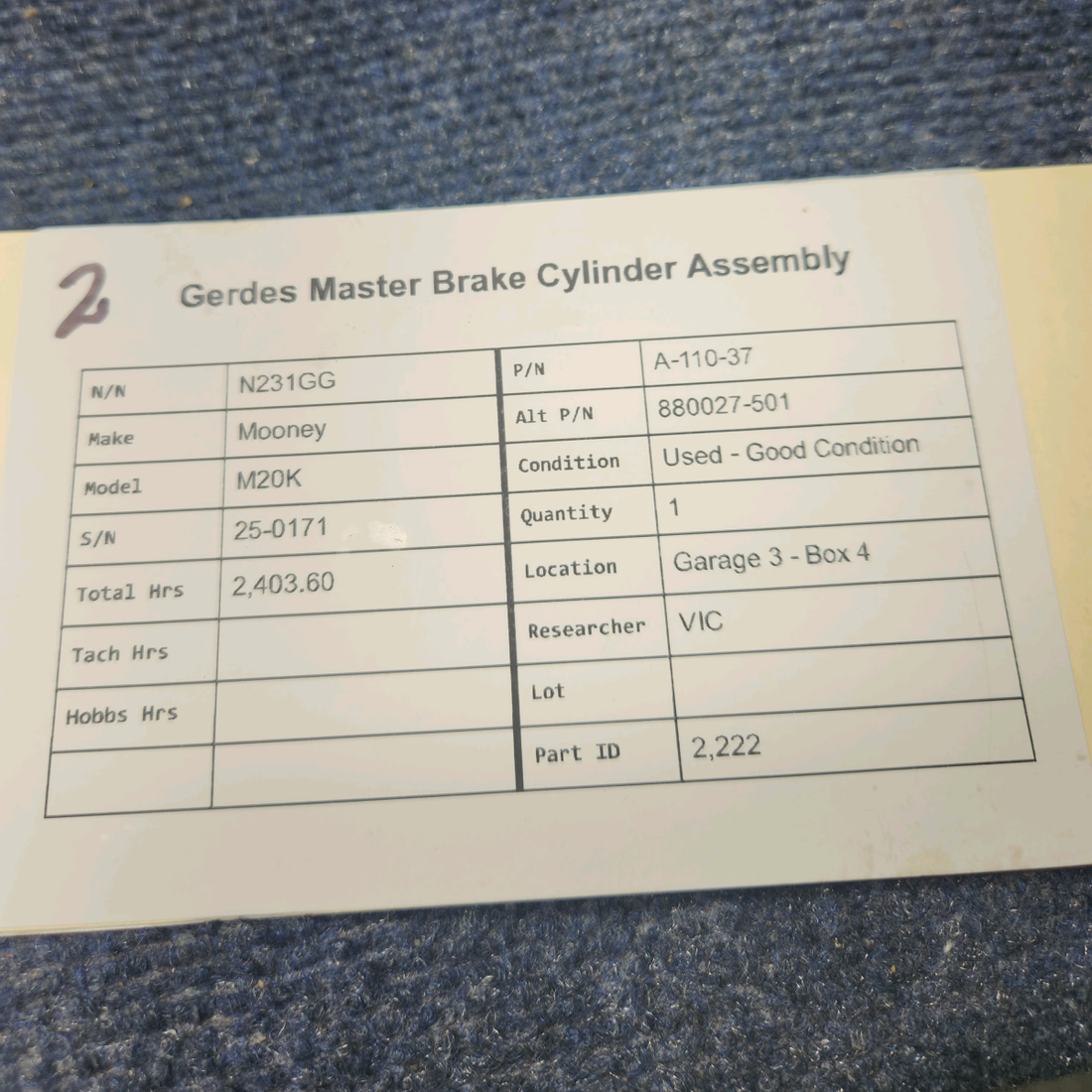 Used aircraft parts for sale, A-110-37 Mooney M20K GERDES MASTER BRAKE CYLINDER ASSEMBLY