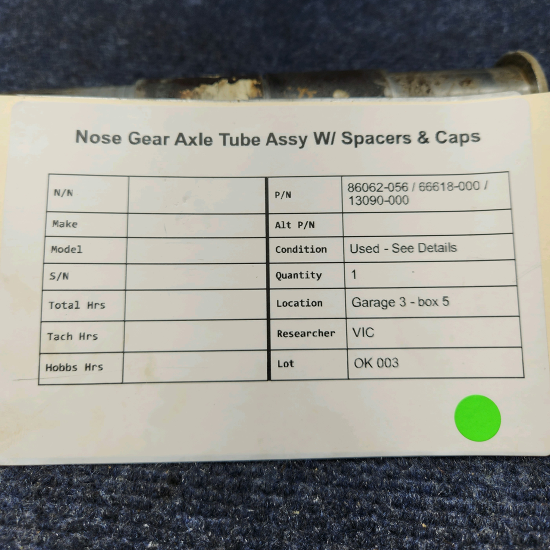 Used aircraft parts for sale, 86062-056 / 66618-000 / 13090-000 Piper  [part_model] Piper pa28-140 NOSE GEAR AXLE TUBE ASSY W/ SPACERS & CAPS