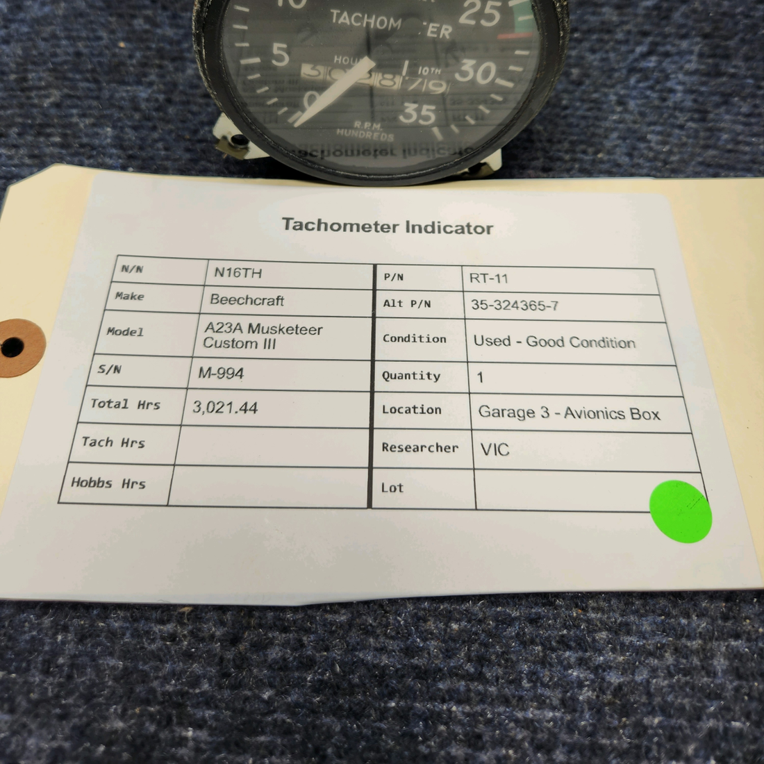 Used aircraft parts for sale, RT-11 Beechcraft Beechcraft A23A Musketeer Custom III TACHOMETER INDICATOR