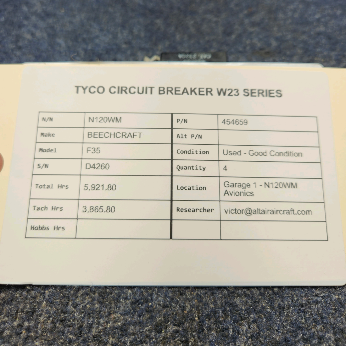 Used aircraft parts for sale, 454659 BEECHCRAFT F35 TYCO CIRCUIT BREAKER W23 SERIES PRICE PER EACH