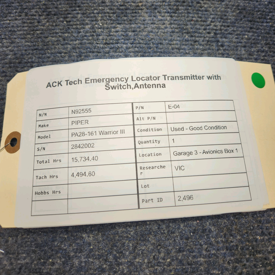 Used aircraft parts for sale, E-04 ACK Technologies PIPER PA28-161 Warrior III ACK TECH EMERGENCY LOCATOR TRANSMITTER WITH SWITCH & ANTENNA