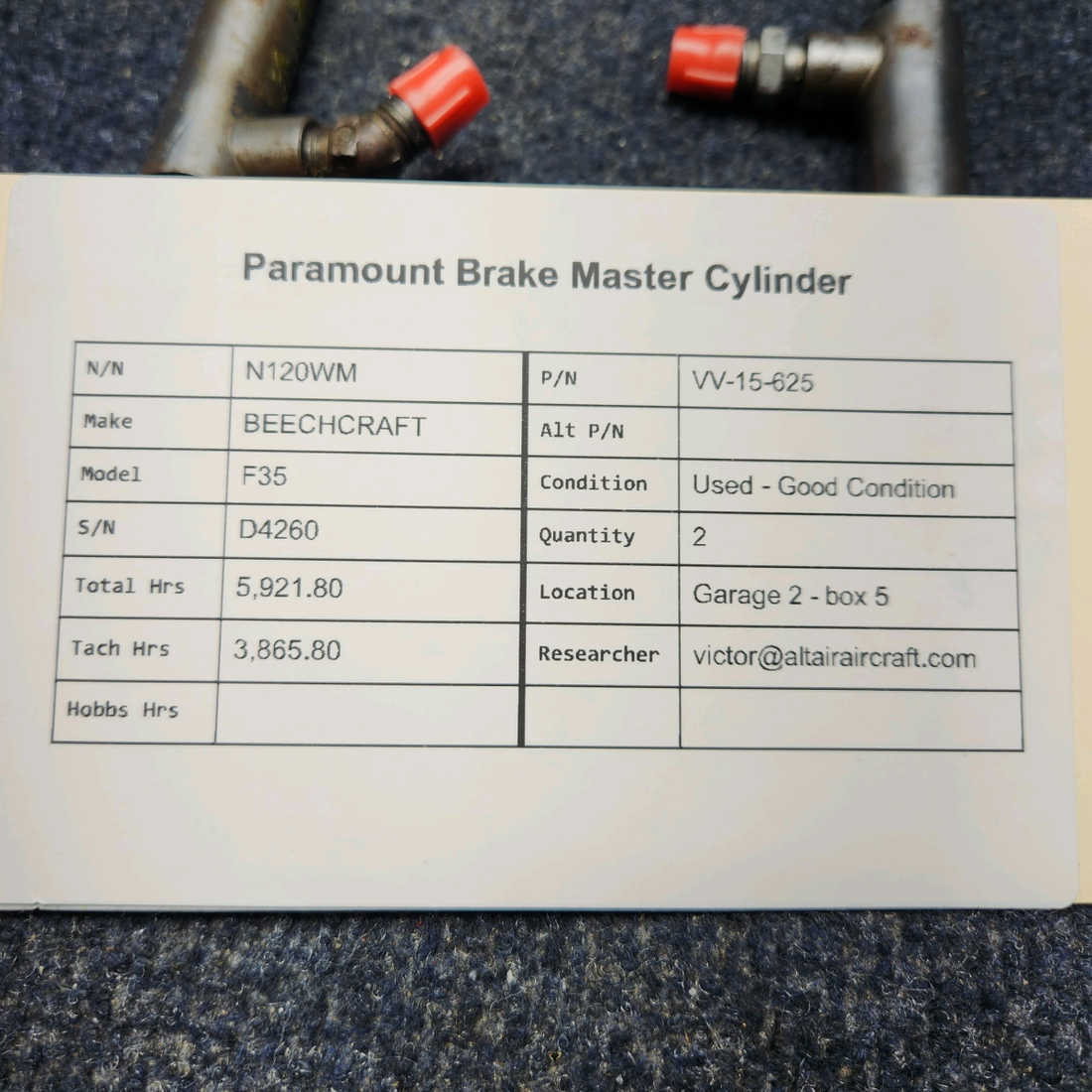 Used aircraft parts for sale, VV-15-625 BEECHCRAFT F35 PARAMOUNT BRAKE MASTER CYLINDER PRICE PER EACH