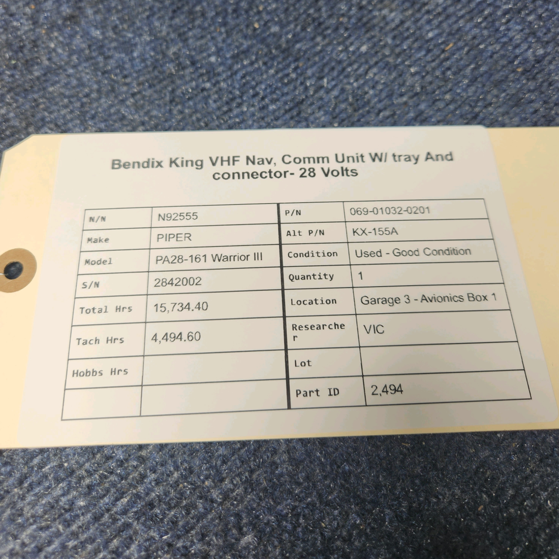 Used aircraft parts for sale, 069-01032-0201 Bendix King PIPER PA28-161 Warrior III VHF NAV, COMM UNIT W/ TRAY AND CONNECTOR- 28 VOLTS