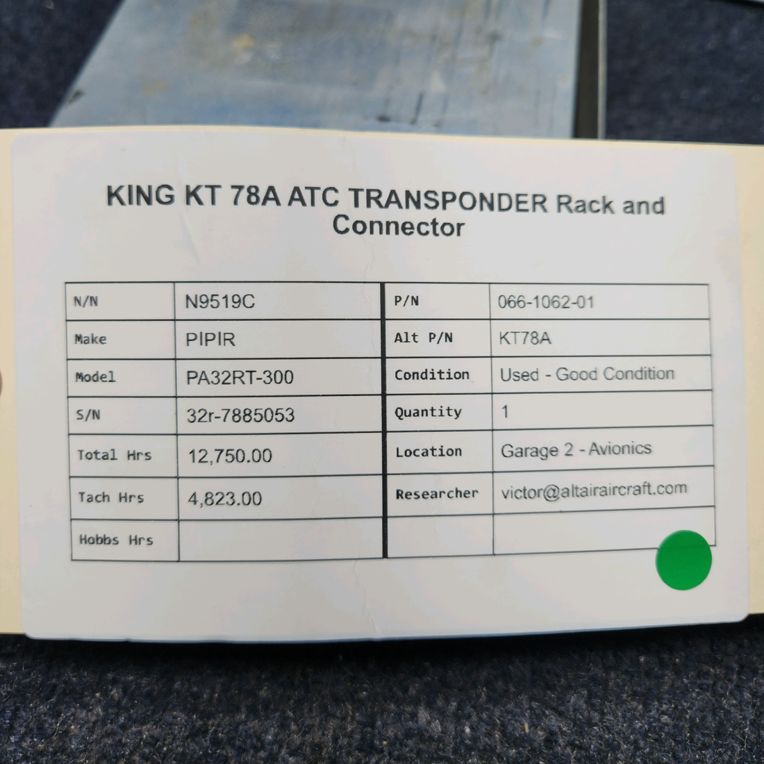 Used aircraft parts for sale, 066-1062-01 PIPIR PA32RT-300 KING KT 78A ATC TRANSPONDER RACK AND CONNECTOR
