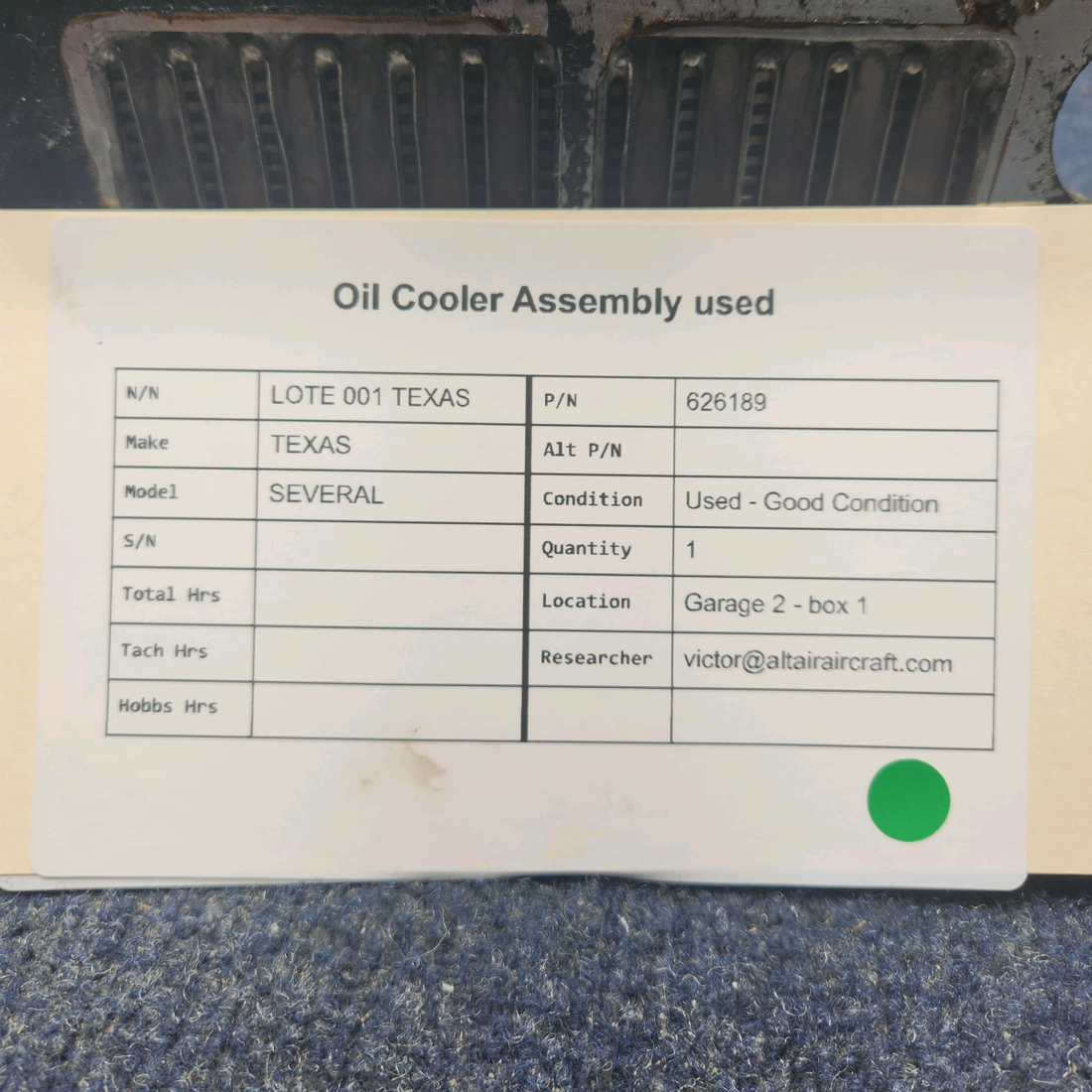 Used aircraft parts for sale, 626189 Continental TCM OIL COOLER ASSEMBLY USED