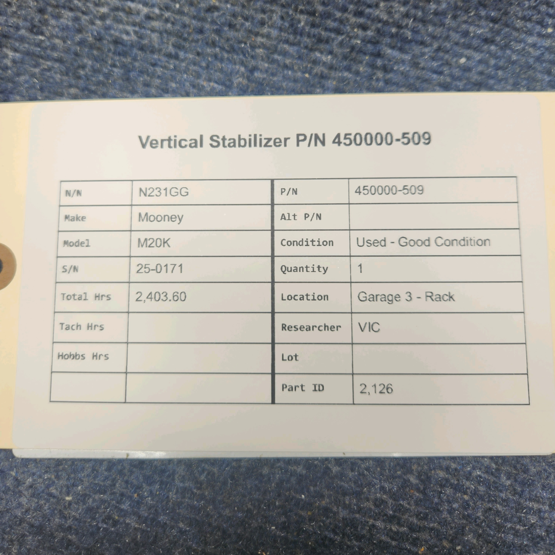 Used aircraft parts for sale, 450000-509 Mooney Mooney M20K VERTICAL STABILIZER P/N 450000-509