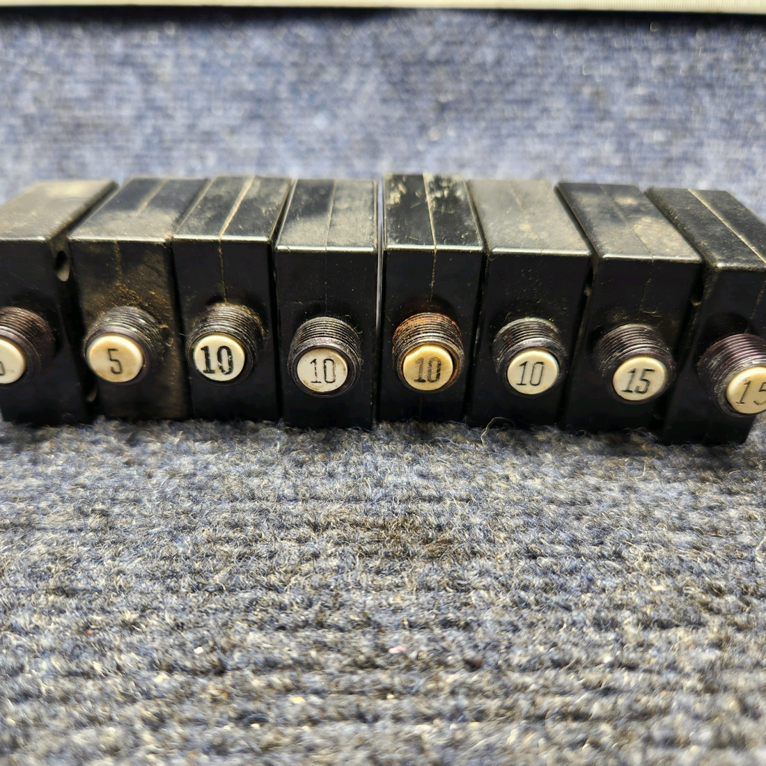 Used aircraft parts for sale, 435-210-103 & 435-215-103 Wood Electric SET CIRCUIT BREAKER 2-5A /4-10A /2-15A SET OF 8