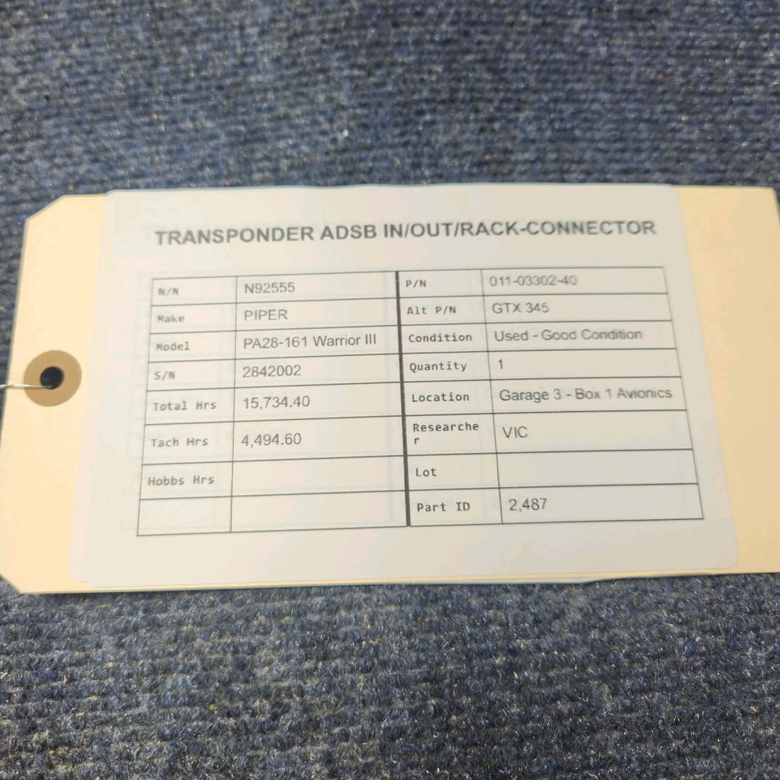 Used aircraft parts for sale, 011-03302-40 Garmin PIPER PA28-161 Warrior III TRANSPONDER ADSB IN/OUT/RACK-CONNECTOR