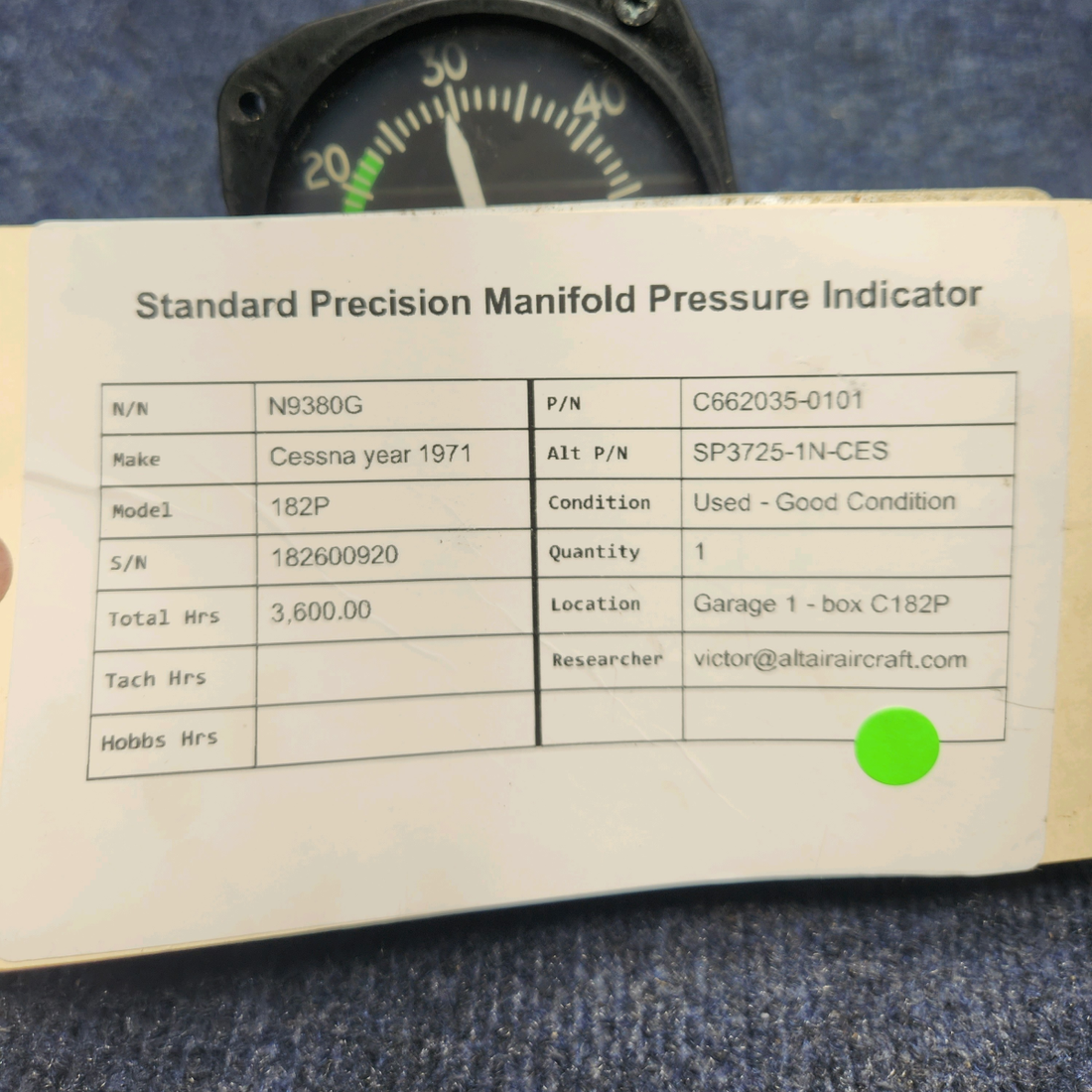 Used aircraft parts for sale, C662035-0101 Cessna year 1971 182P STANDARD PRECISION MANIFOLD PRESSURE INDICATOR