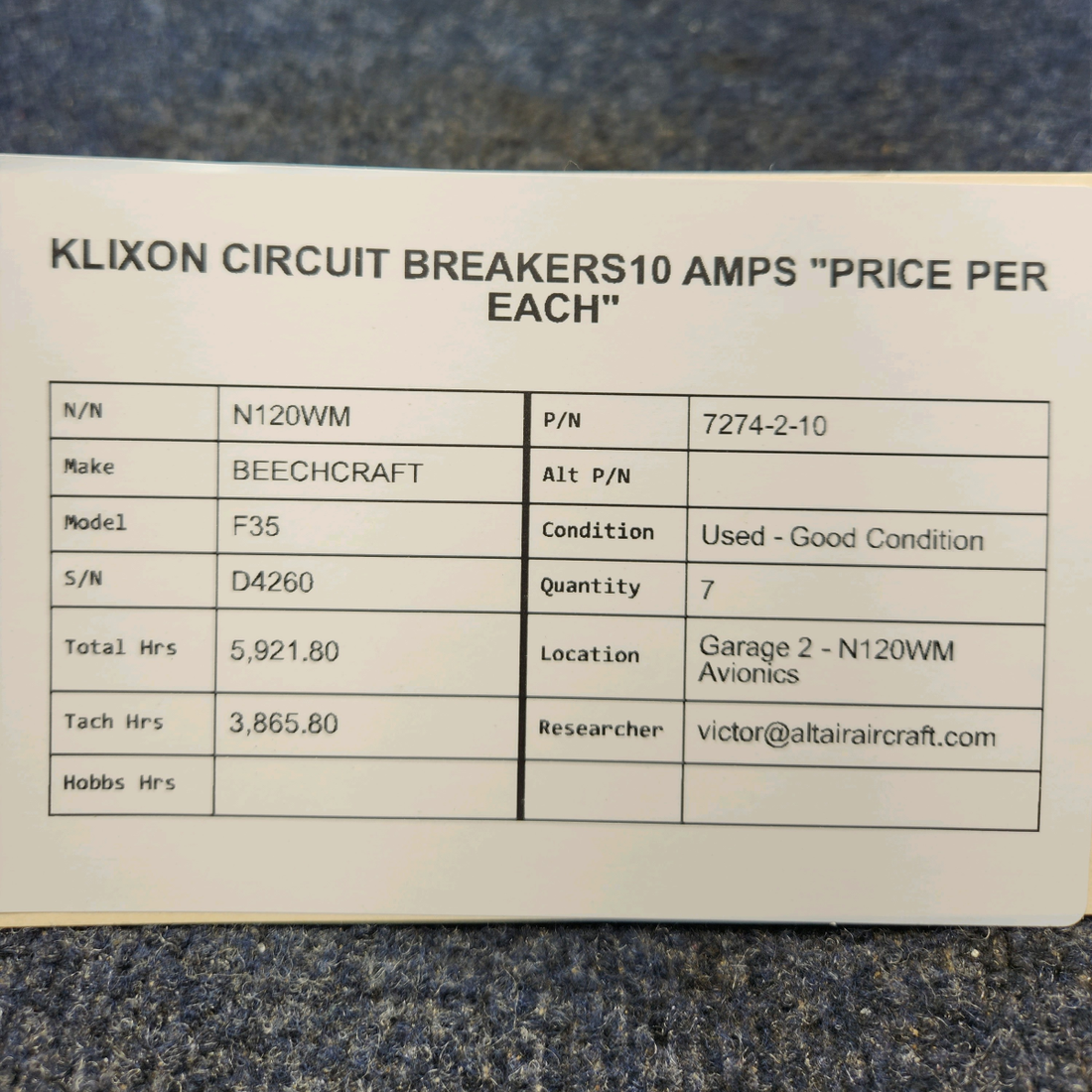 Used aircraft parts for sale, 7274-2-10 BEECHCRAFT F35 KLIXON CIRCUIT BREAKERS10 AMPS "PRICE PER EACH"