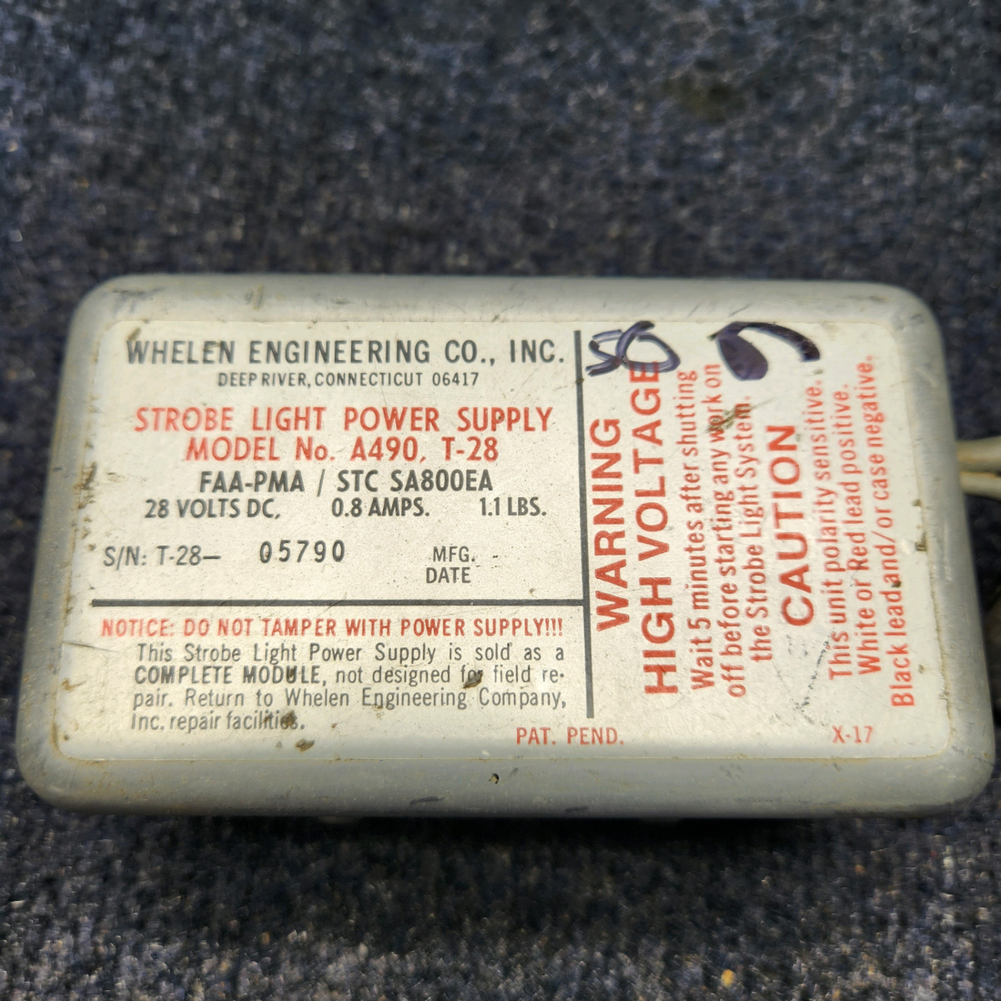 Used aircraft parts for sale, A490, T-28 Whelen Strobe Power Supply WHELLEN STROBE LIGHT POWER SUPPLY "FOR PARTS ONLY" 28VOLTS