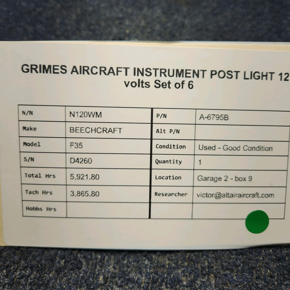 Used aircraft parts for sale, A-6795B BEECHCRAFT F35 GRIMES AIRCRAFT INSTRUMENT POST LIGHT 12 VOLTS SET OF  6
