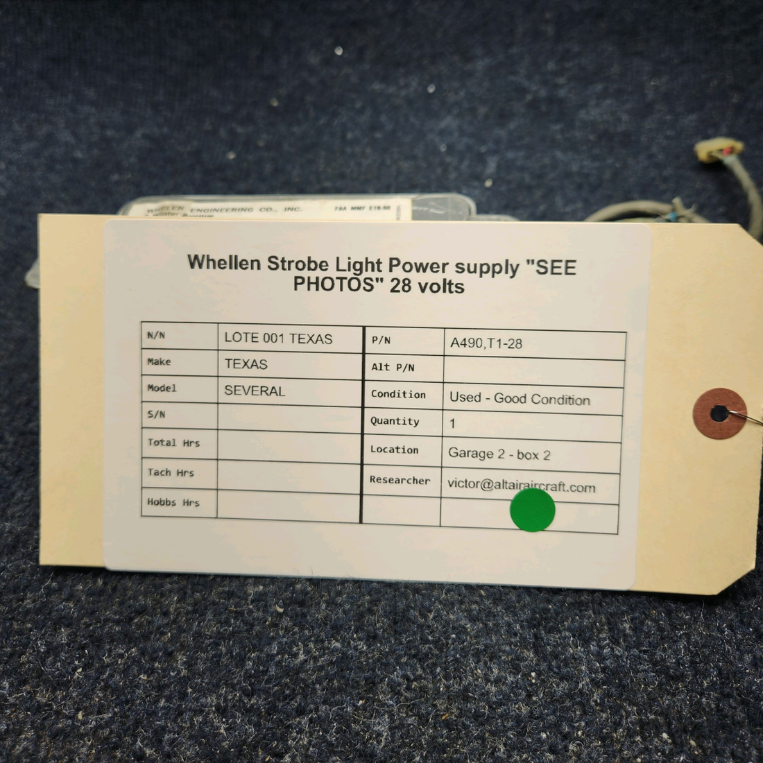 Used aircraft parts for sale, A490,T1-28 Whelen Strobe Power Supply WHELEN STROBE LIGHT POWER SUPPLY 28 VOLTS