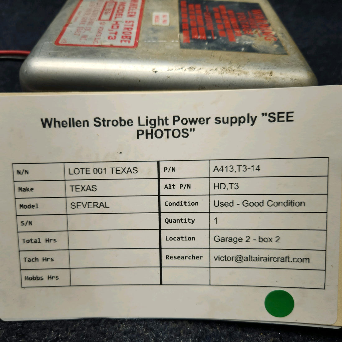 Used aircraft parts for sale, A413, T3-14 Whelen Strobe Power Supply WHELEN STROBE LIGHT POWER SUPPLY  28 VOLTS