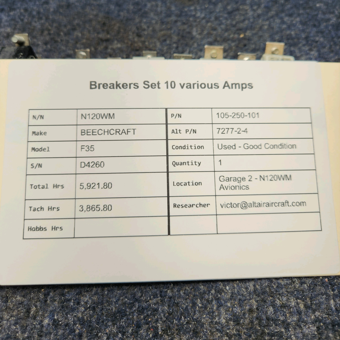 Used aircraft parts for sale, 105-250-101 BEECHCRAFT F35 BREAKERS SET 10 VARIOUS AMPS