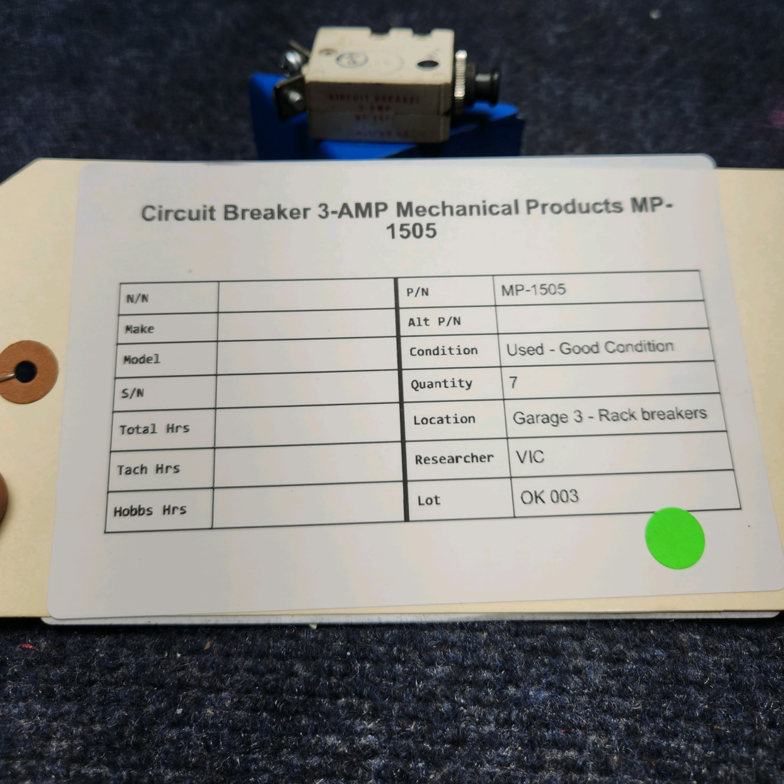 Used aircraft parts for sale, MP-1505 Mechanical Products CIRCUIT BREAKER 3-AMP MECHANICAL PRODUCTS MP-1505