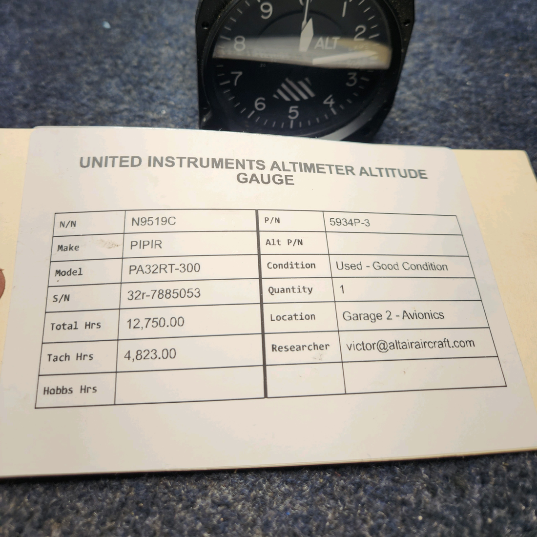 Used aircraft parts for sale, 5934P-3 PIPIR PA32RT-300 UNITED INSTRUMENTS ALTIMETER ALTITUDE GAUGE