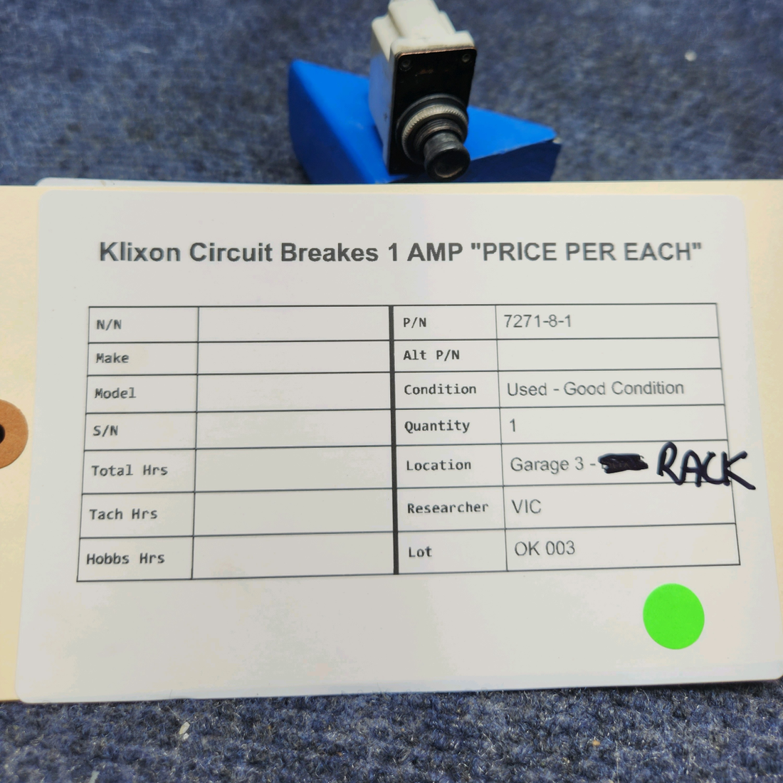 Used aircraft parts for sale, 7271-8-1 klixon KLIXON CIRCUIT BREAKES 1 AMP "PRICE PER EACH"