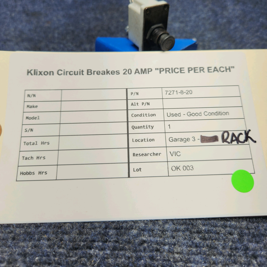 Used aircraft parts for sale, 7271-8-20 klixon KLIXON CIRCUIT BREAKES 20 AMP "PRICE PER EACH"