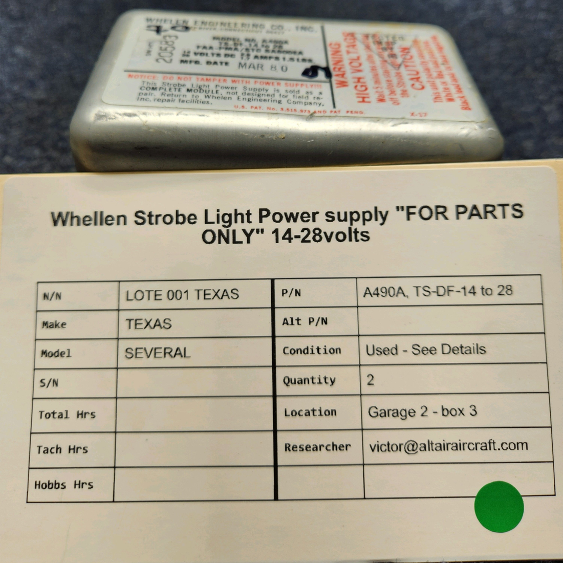 Used aircraft parts for sale, A490A, TS-DF-14 to 28 Whelen Strobe Power Supply WHELLEN STROBE LIGHT POWER SUPPLY "FOR PARTS ONLY" 14-28VOLTS