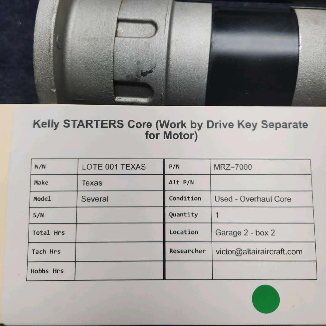 Used aircraft parts for sale, MRZ-7000 Kelly Texas Several KELLY STARTERS CORE WORK BY DRIVE KEY SEPARATE FOR MOTOR)