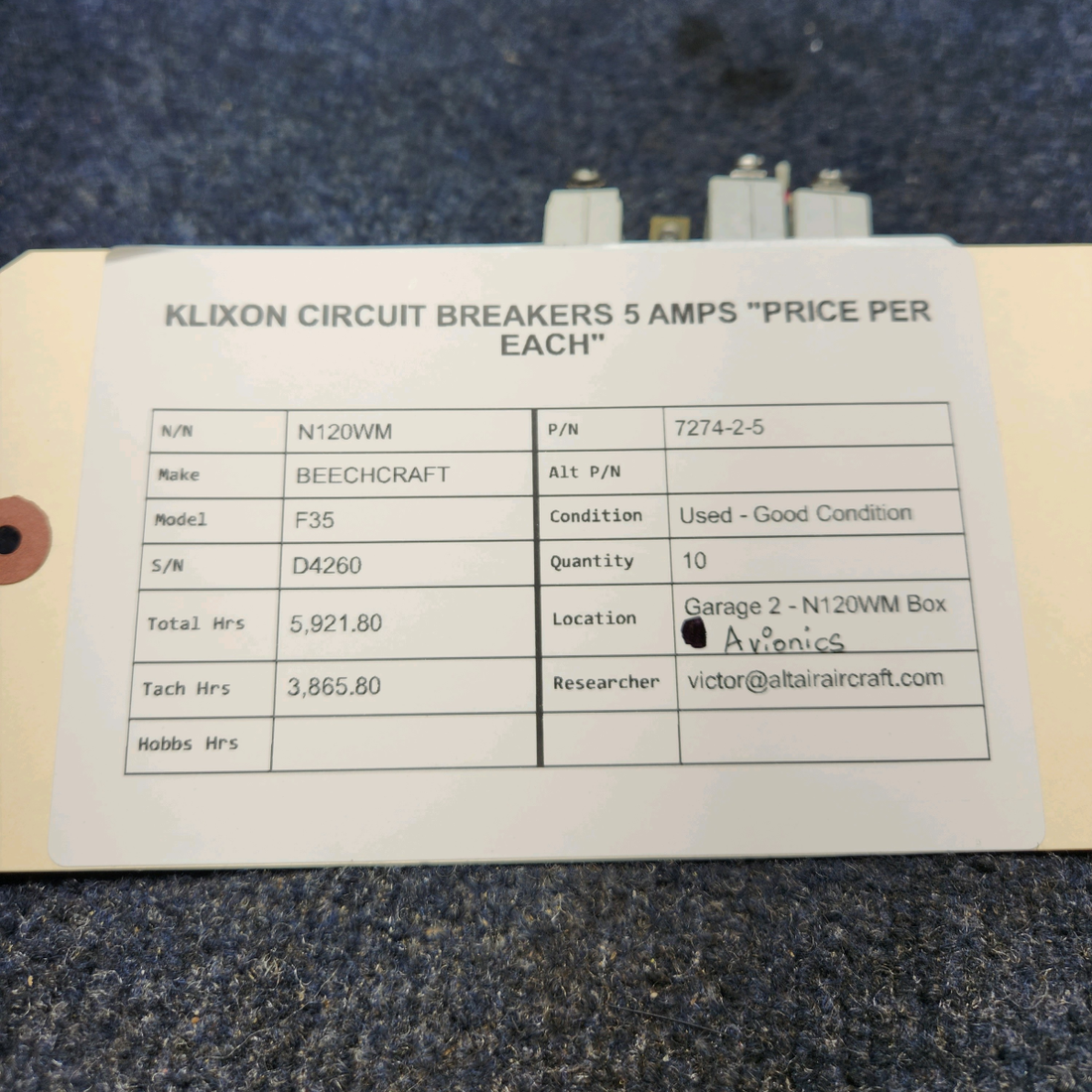 Used aircraft parts for sale, 7274-2-5 BEECHCRAFT F35 KLIXON CIRCUIT BREAKERS 5 AMPS "PRICE PER EACH"