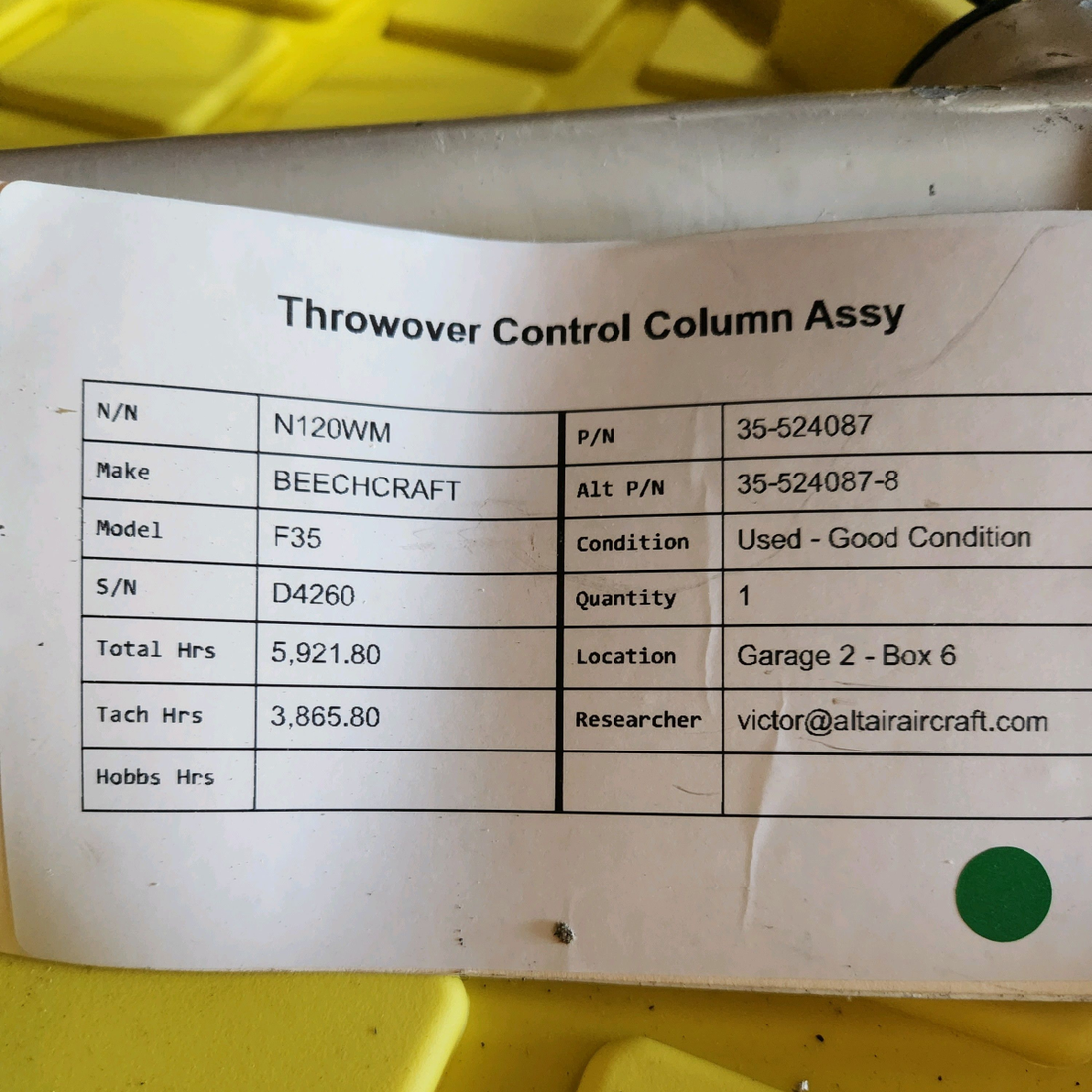 Used aircraft parts for sale, 35-524087 BEECHCRAFT F35 THROWOVER CONTROL COLUMN ASSY
