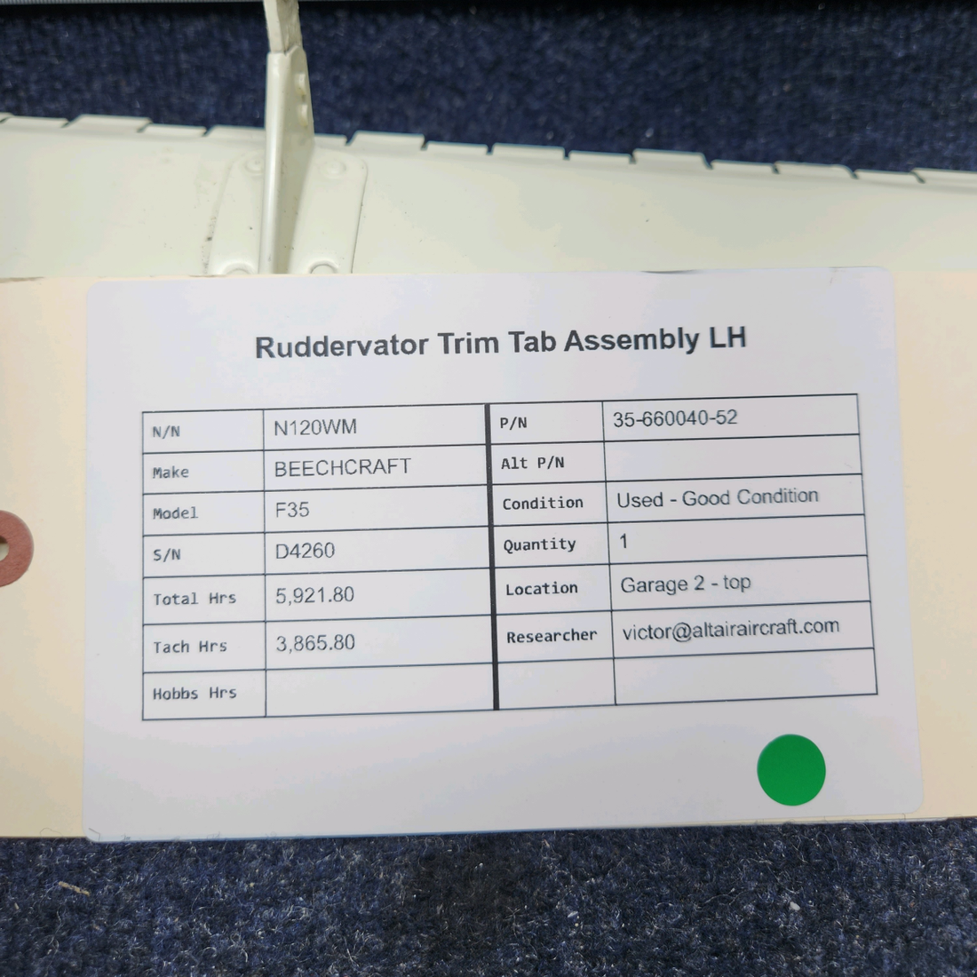 Used aircraft parts for sale, 35-660040-52 BEECHCRAFT F35 RUDDERVATOR TRIM TAB ASSEMBLY LH