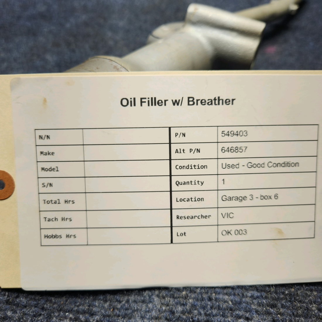 Used aircraft parts for sale, 549403 Continental OIL FILLER W/ BREATHER