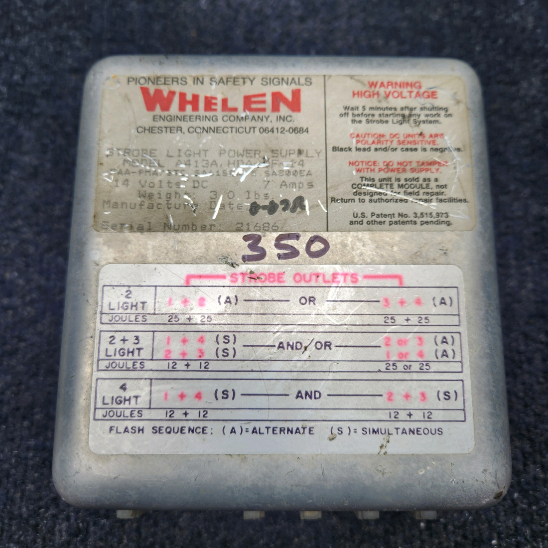 Used aircraft parts for sale, A413A, HDA-DF-14 Whelen Strobe Power Supply WHELEN STROBE LIGHT POWER SUPPLY 14 VOLTS
