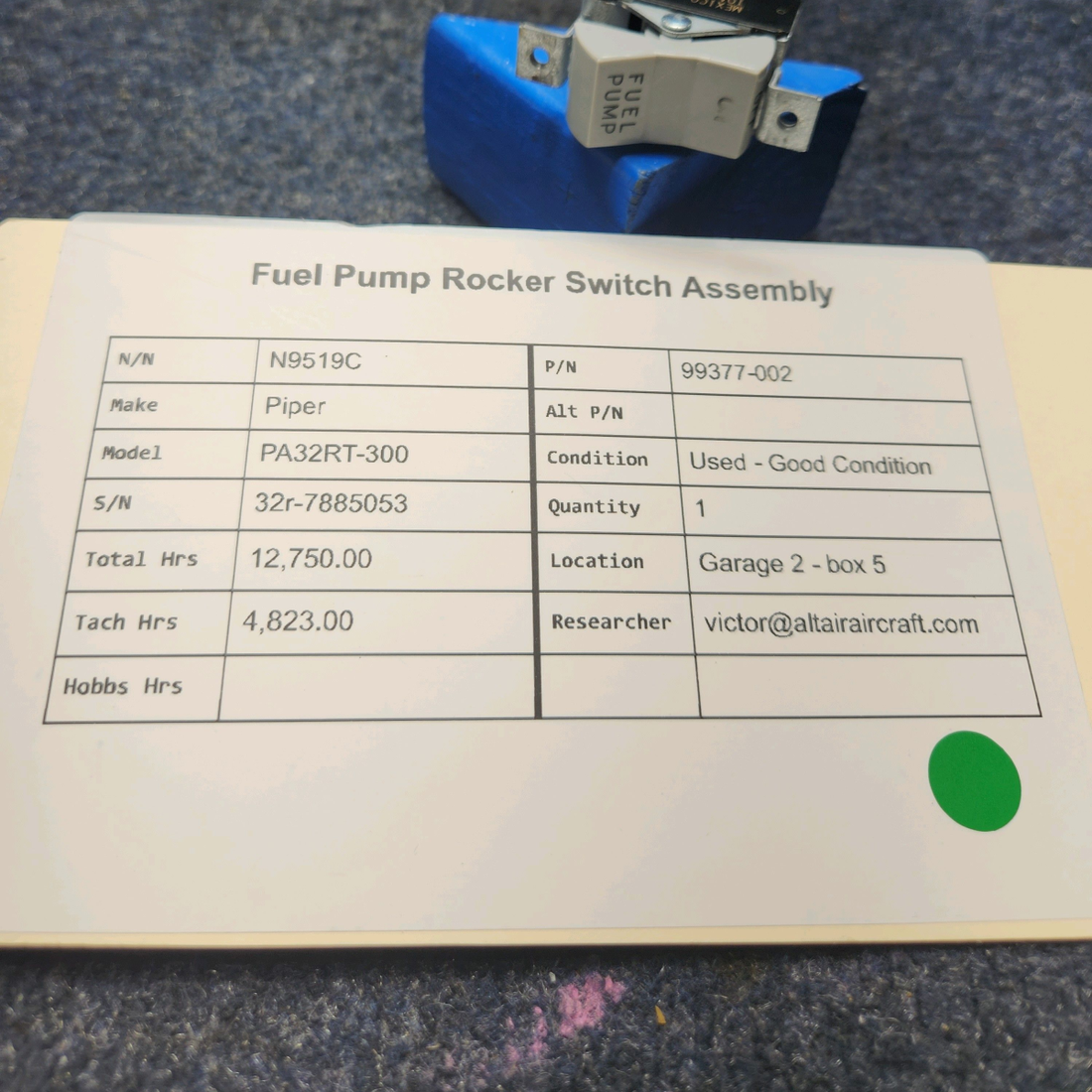 Used aircraft parts for sale, 99377-002 Piper PA32RT-300 FUEL PUMP ROCKER SWITCH ASSEMBLY