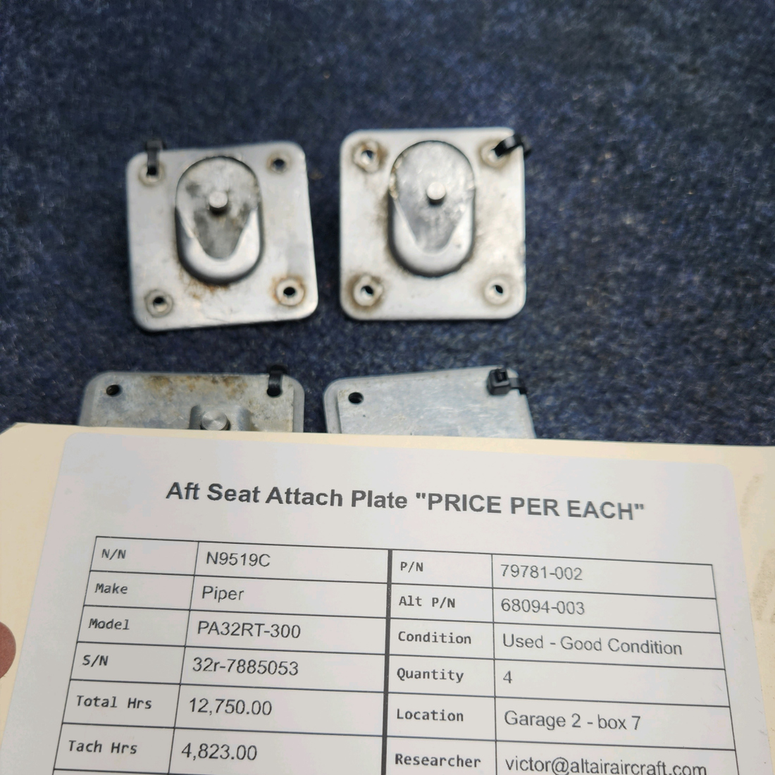 Used aircraft parts for sale, 79781-002 Piper PA32RT-300 AFT SEAT ATTACH PLATE "PRICE PER EACH"