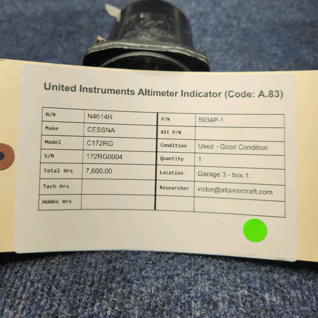 Used aircraft parts for sale, 5934P-1 United Instruments CESSNA C172RG ALTIMETER INDICATOR (CODE: A.83)